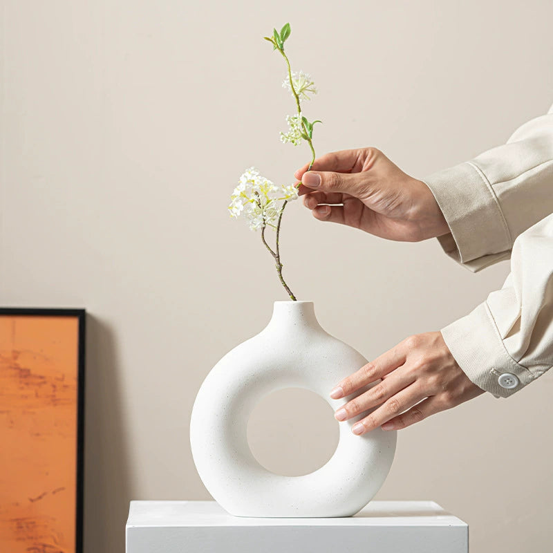 Modern Nordic Circle Ceramic Vase – Minimalist Hollow Sculpture