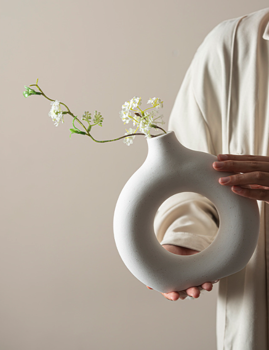 Modern Nordic Circle Ceramic Vase – Minimalist Hollow Sculpture