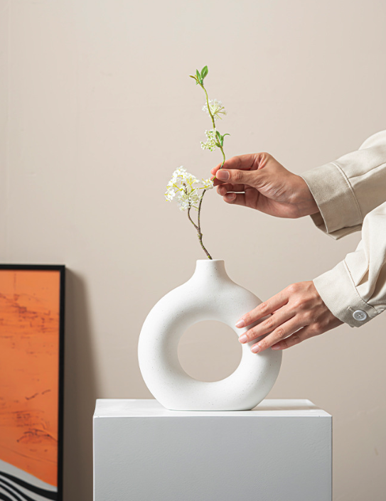 Modern Nordic Circle Ceramic Vase – Minimalist Hollow Sculpture