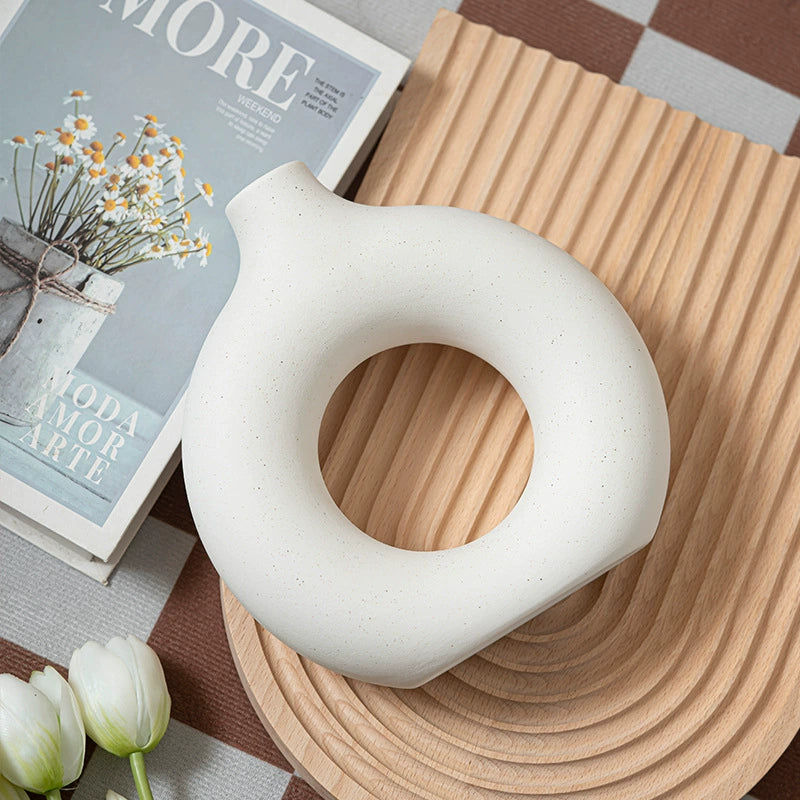 Modern Nordic Circle Ceramic Vase – Minimalist Hollow Sculpture