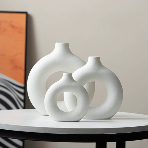Modern Nordic Circle Ceramic Vase – Minimalist Hollow Sculpture